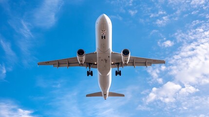 Obraz premium Modern Commercial Airplane Flying High in the Blue Sky with Fluffy Clouds in Background : Generative AI