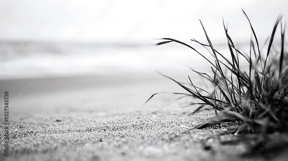 Aufkleber Closeup view of grassy sands by the shoreline with gentle waves lapping at the beach creating a serene coastal scene : Generative AI