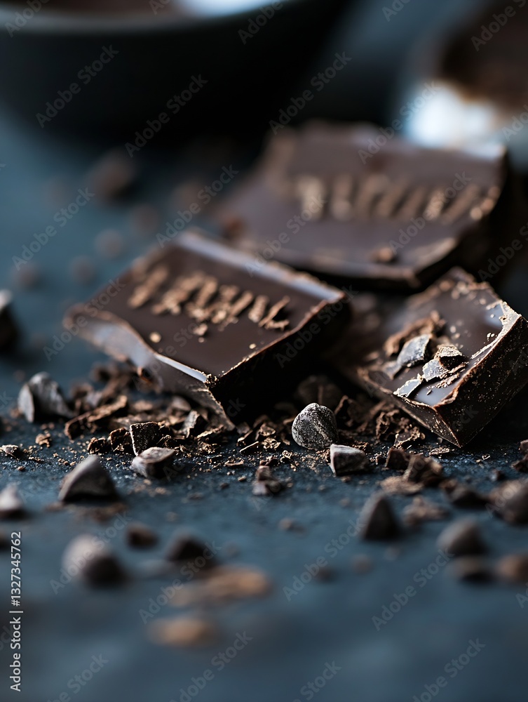 Aufkleber rich dark chocolate broken into pieces with cocoa shavings scattered across a textured black surface