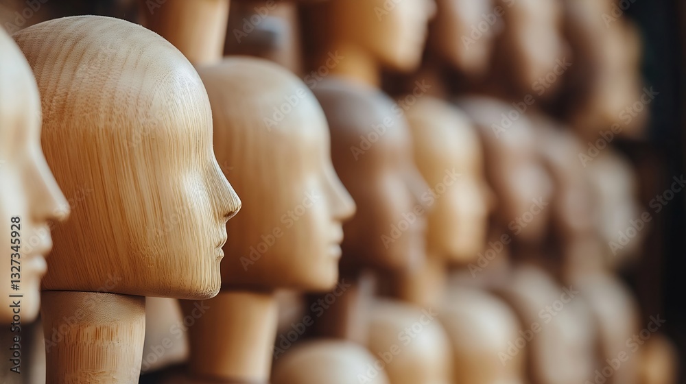 Aufkleber Tranquil Display of Wooden Mannequin Heads in Perfect Alignment Showcasing Artistic Craftsmanship and Design : Generative AI