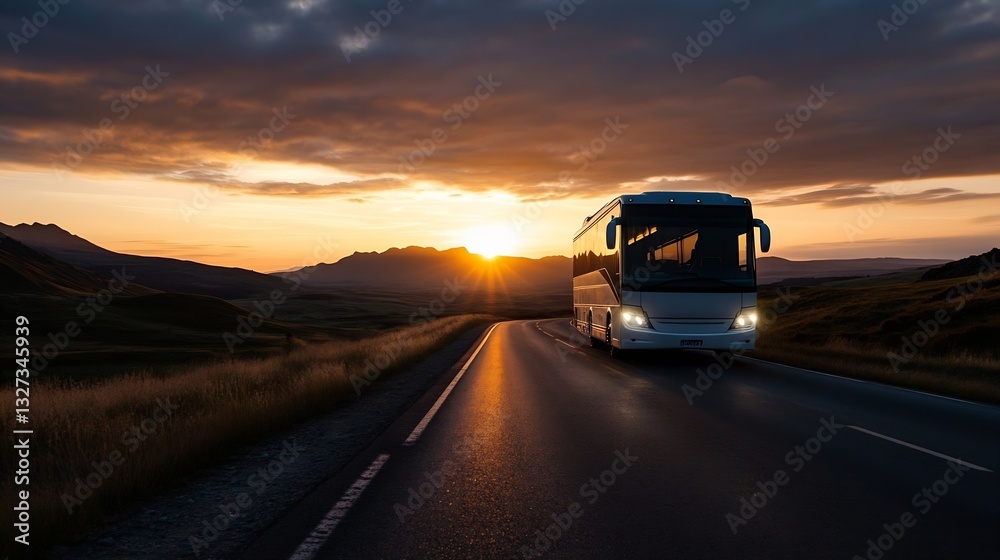 Poster traveling bus on a rural road during sunset with mountains in the backdrop : generative ai