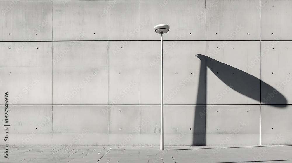 Poster minimalist urban scene featuring a stark concrete wall and a street lamp casting a dramatic shadow :