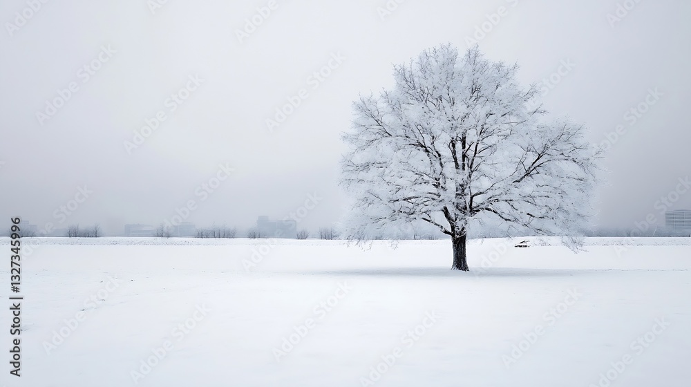 Poster sole snowcovered tree standing in a vast white winter landscape under overcast sky : generative ai