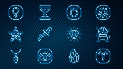 Set line Aries zodiac, Magic ball, Life, Dagger, Pentagram, Venus, Diamond and Medieval goblet icon. Vector