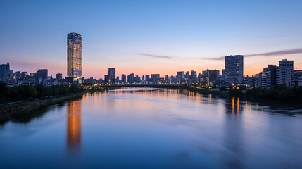Fototapeta premium City skyline at dusk with stunning reflections on water and vibrant lights from skyscrapers : Generative AI