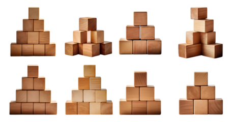 Wood Building Blocks Arranged in Various Creative Structures, Bundle Set Collection, Isolated on Transparent Background