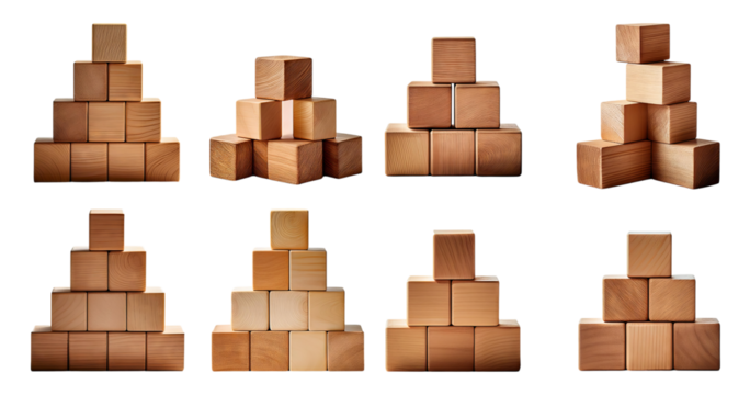 Wood Building Blocks Arranged in Various Creative Structures, Bundle Set Collection, Isolated on Transparent Background