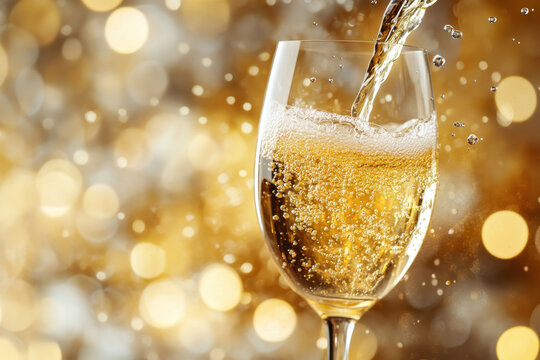 Champagne cascading into a crystal flute, bubbles rising against a blurred background of celebratory lights and elegant party decor.
