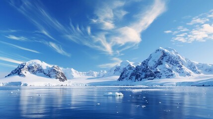 View of an icy landscape with icebergs and snow-capped mountains