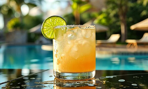 tropical margarita by a poolside bar orbit left video