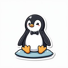 Obraz premium Cute Cartoon Penguin Sitting on a Round Blue Base for Kids' Designs