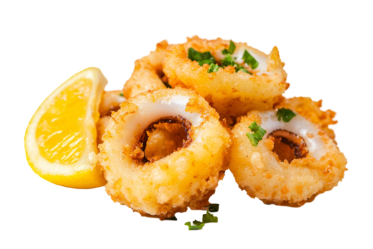 Golden Fried Calamari Rings Garnished with Parsley and a Zesty Lemon Wedge