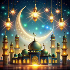 Ornate Islamic archway, golden lanterns, crescent moon, stars, Magical Ramadan scene, 