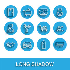 Set line Stars rating, Hotel room bed, door, Please not disturb, Air conditioner, Cocktail, Swimming pool and Trolley suitcase icon. Vector