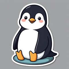 Obraz premium Cute Cartoon Penguin Sitting on a Round Blue Base for Kids' Designs