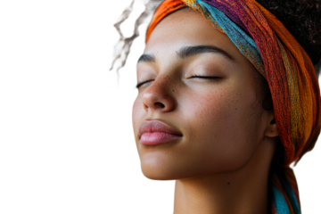 Woman with colorful headband enjoying a moment of peace