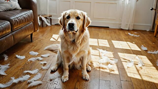 Golden retriever sitting on a wooden floor surrounded by scattered feathers in a cozy living room