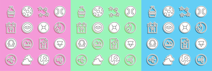 Set line Windy weather, Earth element, Eclipse of sun, Star constellation zodiac, Medallion with eye, Calendar, Bottle water and Gemini icon. Vector