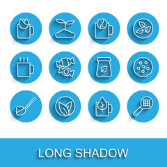 Set line Spoon with sugar, Tea leaf, Cup of tea rose, strainer handle, Candy, Cookie or biscuit and packaging icon. Vector