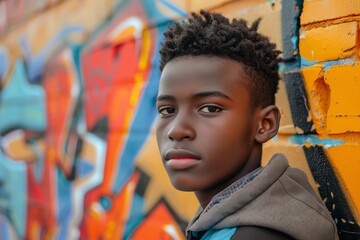 A young boy stands confidently against a vibrant graffiti wall, showcasing contemporary urban culture and street art.