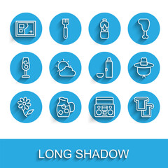 Set line Flower, Jug glass with water, Folded map, Home stereo two speakers, Bread toast, Sun and cloud weather, Camping hat and Thermos container icon. Vector