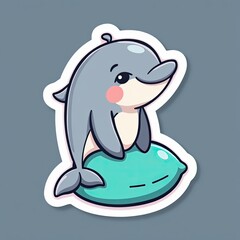 Obraz premium Cute Cartoon Dolphin Character Sitting on a Blue Pillow