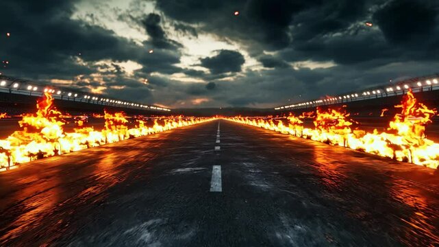 Illuminated dark road with burning car tires on a race track. Concept car racing