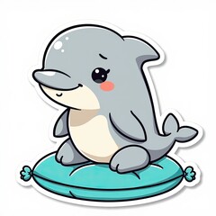 Obraz premium Cute Cartoon Dolphin Character Sitting on a Blue Pillow