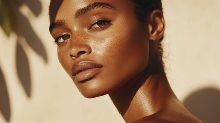 female black woman beauty portrait natural looking with no makeup, using a beauty product