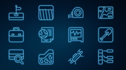 Set line Soil analysis, Shovel, Roulette construction, Earth globe with document, Briefcase, Flag, Seismograph and Ground icon. Vector