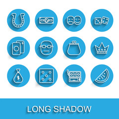 Set line Money bag, Game dice, Horseshoe, Slot machine, Casino slot with watermelon, Poker player, King playing card and Wallet icon. Vector