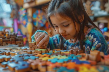 A young girl focuses intently on assembling colorful wooden puzzles, showcasing creativity and concentration.