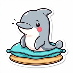 Obraz premium Cute Cartoon Dolphin Character Sitting on a Blue Pillow