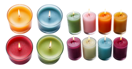 Colorful Scented Candles in Glass Jars with Flames and Warm Light, PNG bundle collection, Isolated on Transparent Background
