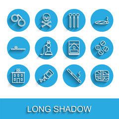 Fototapeta premium Set line Medical hospital building, Medicine bottle and pills, Handcuffs, Cigarette, Package with cocaine, Hookah, or tablet and Cigarettes pack box icon. Vector