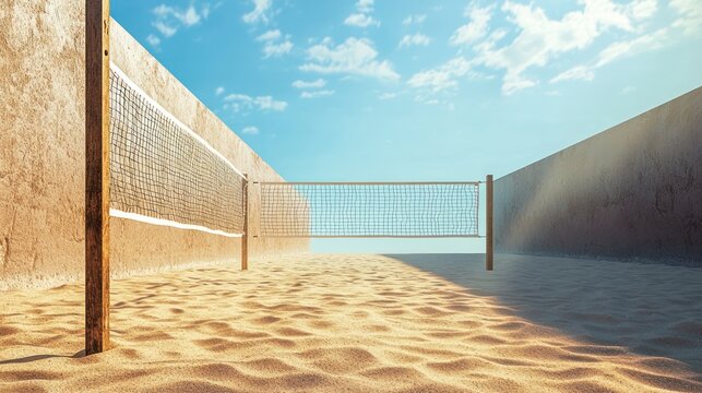 Empty beach volleyball setting, smooth sand under net.