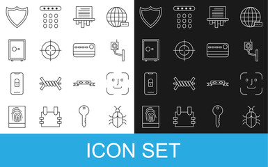Set line System bug concept, Face recognition, Security camera, Paper shredder, Target sport, Safe, Shield and Credit card icon. Vector