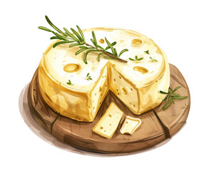 Round wheel of cheese with a wedge cut out, placed on a rustic wooden cutting board. Vector illustration with rosemary twig. Tiny thyme leaves on cheese head with small holes. 