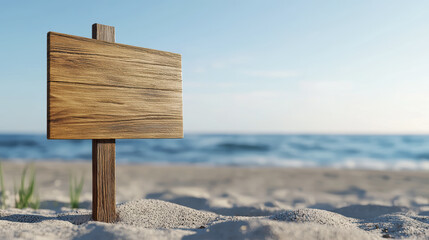 Naklejka premium wooden sign on sandy beach with serene ocean backdrop, perfect for relaxation
