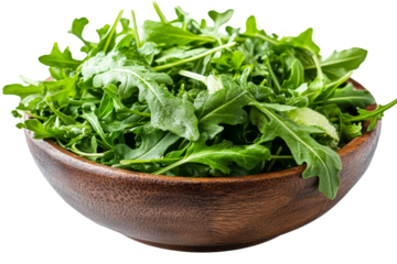 Fresh arugula leaves in a wooden bowl ready to eat