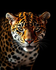 Obraz premium Close-Up Portrait of a Majestic Leopard Against a Black Background
