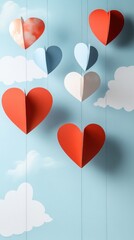 Paper hearts floating against a sky-blue backdrop with cloud accents