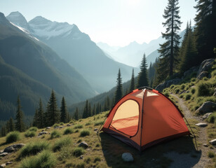 Camping Adventure with Orange Tent in Scenic Mountain Landscape