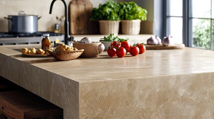 Culinary Haven: An expansive kitchen island showcases a delightful array of fresh ingredients, creating a perfect backdrop for culinary creations