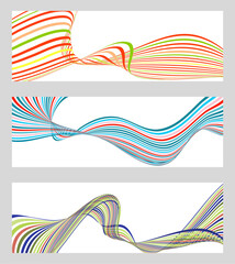 Wavy lines or ribbons. Set of 3 backgrounds. Multicolored striped gradient. Creative unusual background with abstract gradient wave lines to create a trendy banner, poster. vector eps