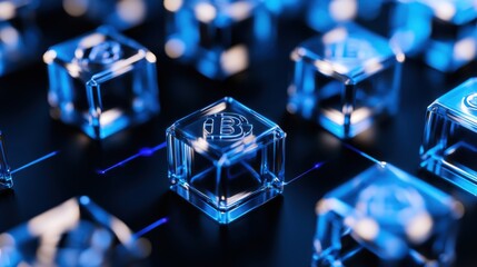 A close-up digital rendering of transparent cubes with glowing Bitcoin "B" symbols embedded inside, set against a dark background with blue light streaks
