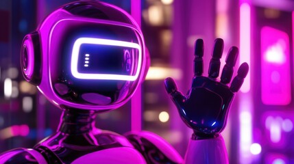 Futuristic robot with a purple and black color scheme, waving its hand