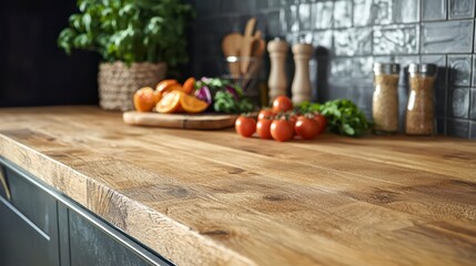 Warm Kitchen Countertop Still Life: A meticulously arranged scene captures the essence of home cooking, with a natural wooden countertop adorned with a selection of fresh produce and cooking utensils.