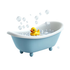 Bathtub with yellow duck isolated on white background. 3d illustration. 