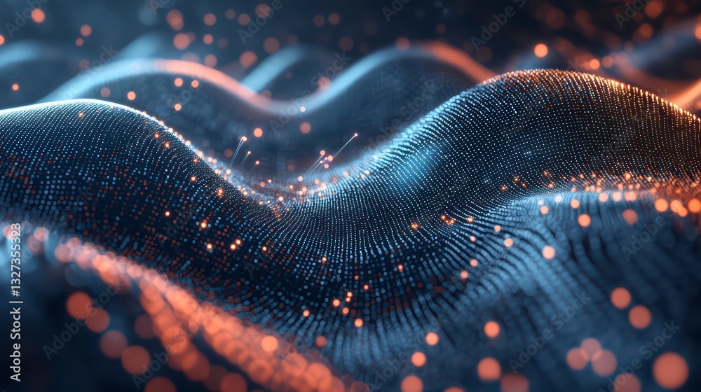 Poster digital wave: a mesmerizing digital visualization of a flowing, wave-like structure composed of coun
